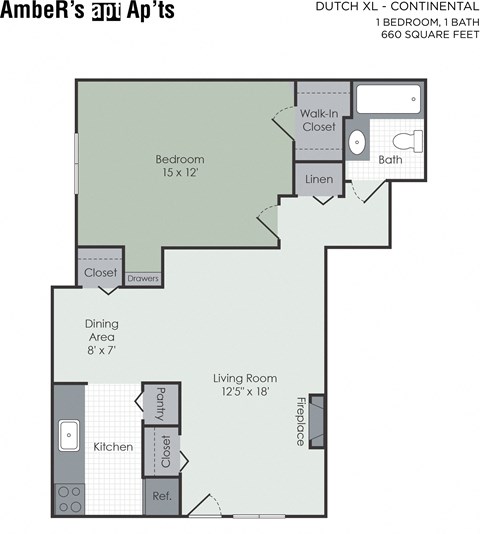 Floor plan for 1 bed, 1 bath, 662 sqft